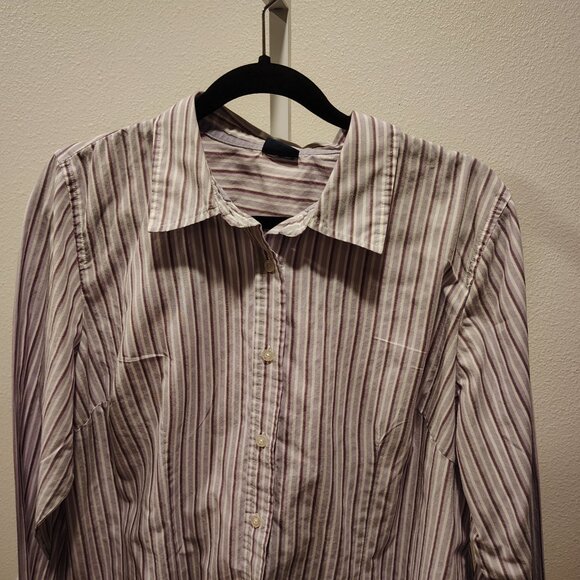 Basic Editions Women's Long Sleeve Button Front Blouse Stripe Stripes Purple - Picture 3 of 11